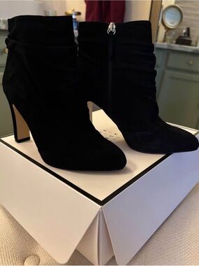 White House Black Market Black Suede Ruched Ankle Booties with Side Zip